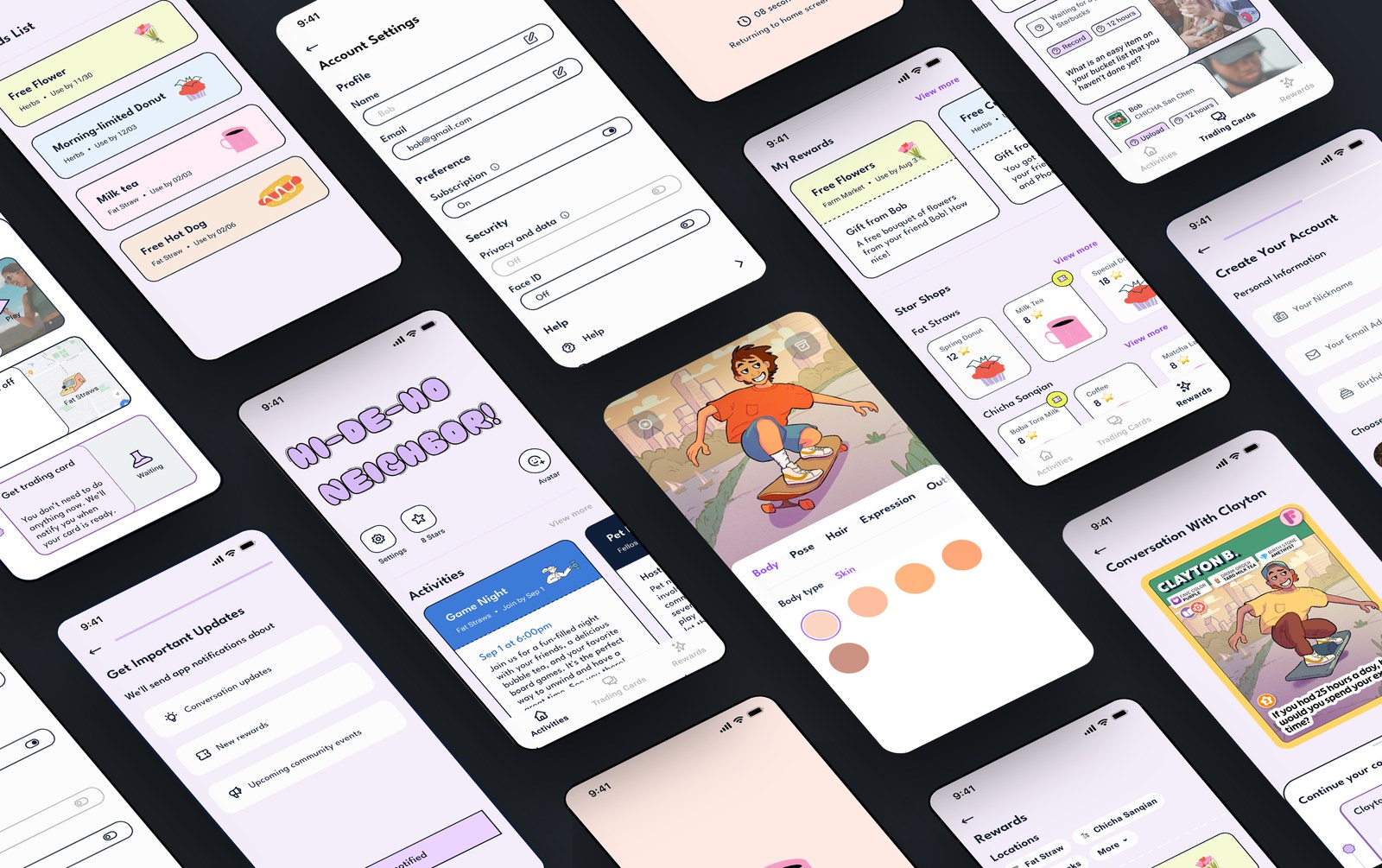 Fellos companion app screens — activities, rewards, avatar builder, and trading cards