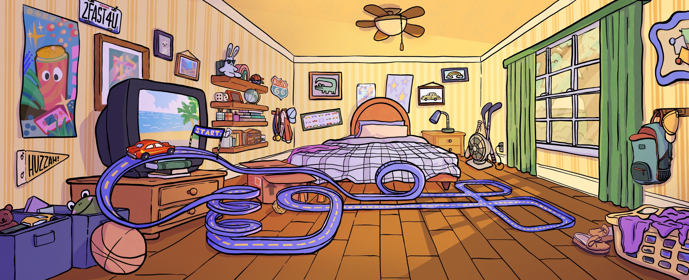 Illustrated bedroom scene from the PK001 project kit box cover, drawn by Jordyn Bridge