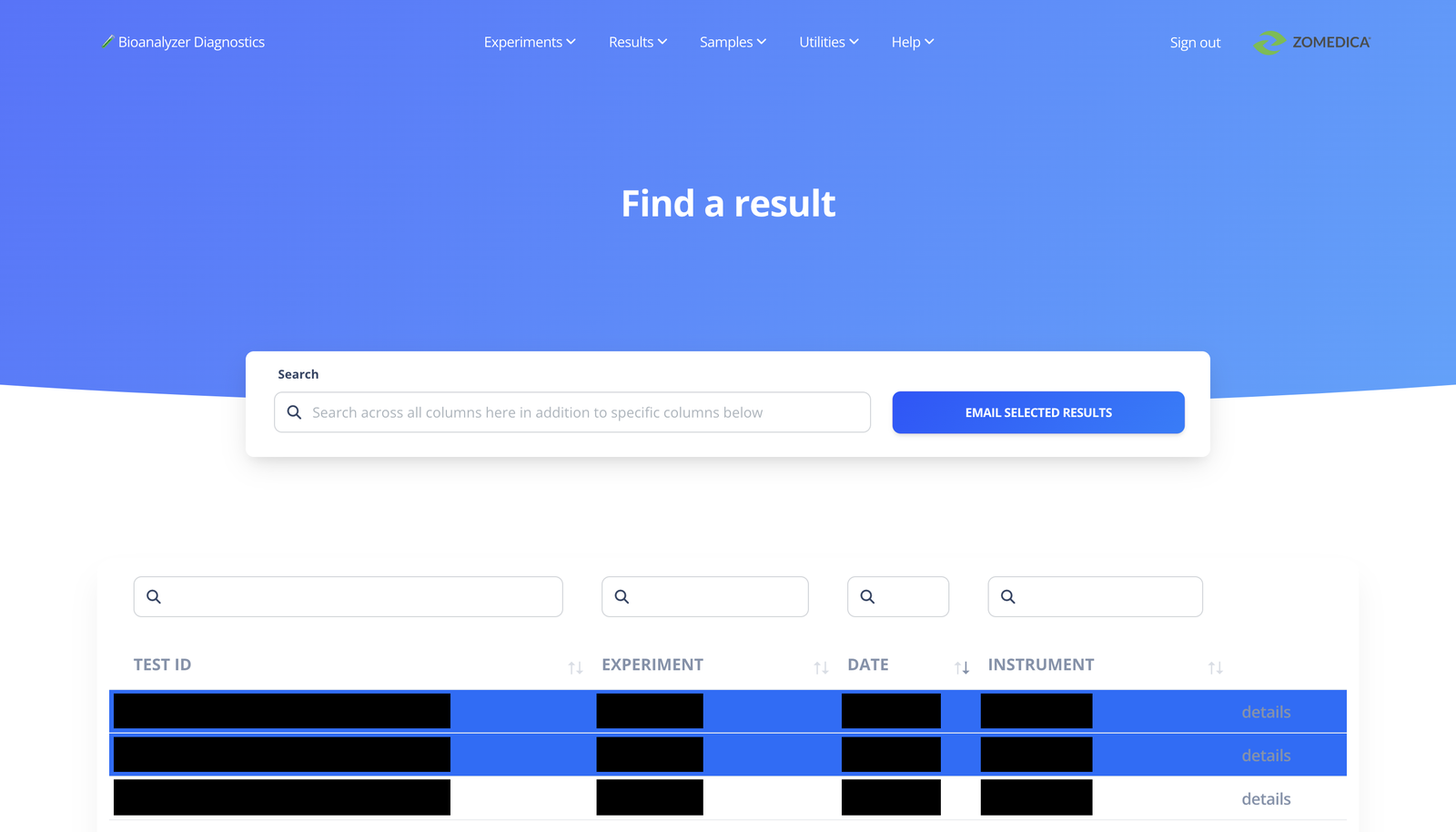 Zomedica bioanalyzer results portal showing the result search screen, with result data redacted